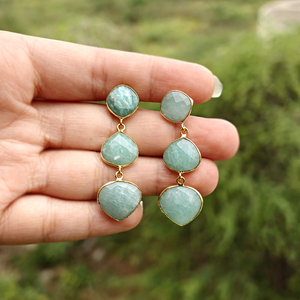 Bridal Gift Jewelry Checker Cut Natural Amazonite Triple Stone Stud Drops 18k Gold Plated Bezel Setting Statement Brass <b>Earring</b> - Product Image 2