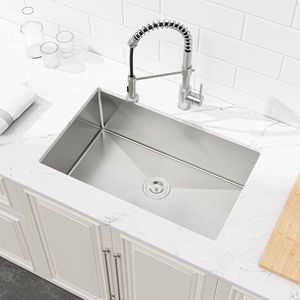 Lavello da cucina a incasso singolo 33x19 pollici, fatto a mano, in nichel spazzolato, con scarico standard USA, per ville e laboratori - Product Image 5