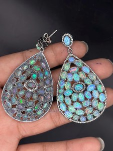 Ethiopian Opal Diamond Earring Pave Diamond Earrings 925 Sterling Silver Handmade <b>Oxidized</b> Dongle Diamond Earring Gift For Her - Product Image 2