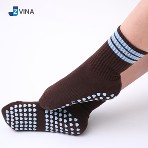 JZVINA Non-Slip Yoga <b>Socks</b> Crew Length <b>Brown</b> With Blue Stripes Anti-Slip Grip Bottom For Pilates Adults Summer Style - Product Image 1