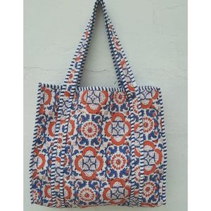 Bolsa de Mano de Algodón con Estampado Artesanal Bohemio y Panel Bordado en Azul, Rojo y Blanco, Bolsa de Compras Abierta para Todas las Temporadas - Product Image 1