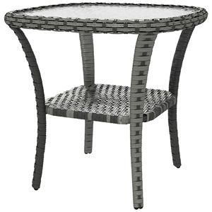 Tavolino da Esterno in Vimini Intrecciato a Mano con Ripiano Portaoggetti, Grigio Misto con Piano in Vetro Effetto Ondulato - Product Image 1