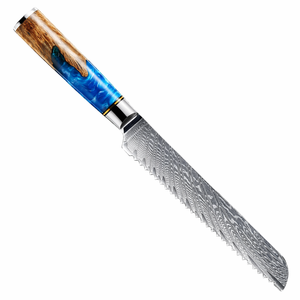 Custom Handmade Chef <b>Bread</b> <b>Knife</b> in Damascus Steel Resin+wood Ambidextrous Handle Modern Design Leather Sheath - Product Image 1