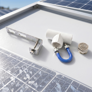 Kit d'accessoires de nettoyage pour arroseur solaire Hydroplus avec raccord en PVC, bouchon hexagonal en acier inoxydable, pince en U et support de fixation en L - Product Image 1