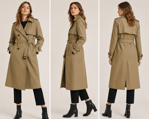Manteau Trench Élégant pour Femme, Double Boutonnage, Long, Beige, en Coton et Polyester Tissé, Ceinturé, Hiver, Imperméable, Coupe-Vent, Manches Longues - Product Image 2