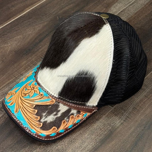 Casquette de camionneur en cuir de vachette fait à la main avec bord turquoise usiné véritable Hair-on-Hide Western Mesh Caps réglable Snapback Hat - Product Image 4