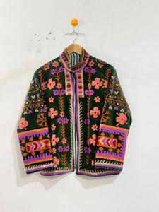 Veste en velours Suzani brodée multicolore verte, style bohème traditionnel, imperméable, col montant, fermeture éclair, printemps - Product Image 1