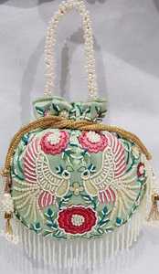 Traditional Indian Fashion Women's Mini Potli <b>Bag</b> Peacock Embroidery Pearl Decoration 9x9 Inches Drawstring Closure High Quality - Product Image 5