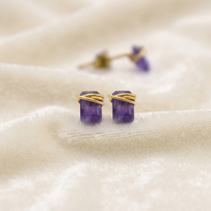 Ratnarachit Handmade Wire-Wrapped Amethyst <b>Stud</b> <b>Earrings</b> 14K Gold Plated Brass Baguette Cut Minimalist Gift - Product Image 5