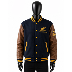 Chaqueta Varsity para Hombre, Cuerpo de Lana, Mangas de Cuero, Logotipo Bordado, Estilo Invernal, Cuello Acanalado - Product Image 5