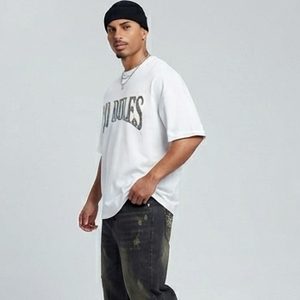 Camiseta Oversize de Algodón Pesado con Pedrería para Hombre, Manga Corta, Estilo Urbano, Hombro Caído - Product Image 5
