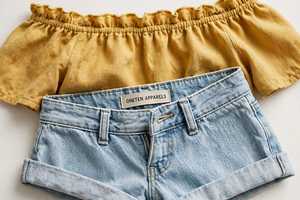 Oneten Apparels <b>Women</b> Summer <b>2</b> <b>Piece</b> <b>Outfit</b> Yellow Off Shoulder Ruffle Top And Light Blue Denim Shorts Set - Product Image 6