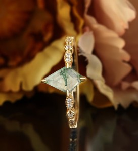 Kite Cut Moss Agate Bridal Engagement <b>Ring</b> <b>Sterling</b> <b>Silver</b> Gold Plated Luxury Geometric Nature Inspired Prong <b>Set</b> Certified - Product Image 2