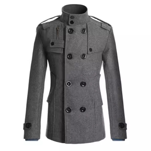 <b>Men's</b> Gray Wool Double Breasted Stand Collar Overcoat With Epaulets - Product Image 1