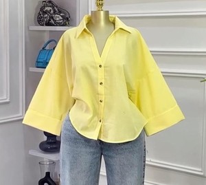 Camisa de Mujer, Azul Claro, Corte Holgado, con Botones, Manga Tres Cuartos, Estilo Casual, Color Sólido, Popelina, Cuello Camisero - Product Image 4