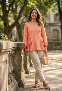 Linen Cotton Fabric Short Plain Kurti And Pant Pair Casual Wear Formal Regular Wear Kurti Plazzo Pant Cordset For Ladies - Product Image 4