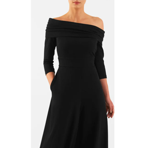 Mono de noche con hombros descubiertos y pierna ancha, estilo Bardot con dobladillo, tipo Palazzo, con cuello drapeado, color negro - Product Image 3