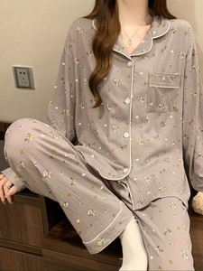 Conjunto de pijama de gasa con estampado floral para mujer, manga larga, cuello Peter Pan, botones al frente, ropa de dormir suave, temporada de primavera, longitud completa - Product Image 3