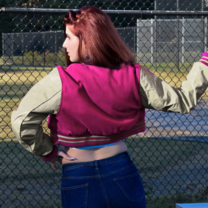 Womens Varsity Crop Jacket Magenta Pink Beige Letterman Style Bomber Coat Faux Leather Sleeves Casual Outerwear Ladies Fashion - Product Image 5