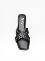 Sandales plates pour femmes Ahgel en cuir PU noir à brides croisées, bout ouvert, confortables et amorties, style estival, motif floral, antidérapantes
