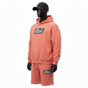 Ensemble sweat à capuche et short pour homme, 320 GSM, en molleton doux mélangé coton, avec empiècement pêche uni et logo thermocollé personnalisé. - Product Image 4