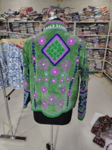 Women's O-Neck Full Sleeve Breathable <b>Velvet</b> <b>Jacket</b> Hand Drawn Printed Floral Stripe Pattern Cotton Lining Winter Prairie Chic - Product Image 6