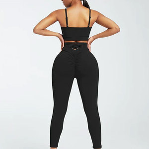 Black Crisscross Strap Yoga Set Scoop Neck Crop <b>Top</b> High Waist Full Length Leggings 2 Piece Spandex Polyester Activewear - Product Image 4