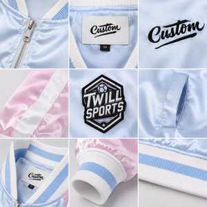 เสื้อแจ็คเก็ตบอมเบอร์ผู้ชายสีฟ้าอ่อนชมพูแบบมีแถบสีตัดกัน ปักโลโก้ด้านหน้า ปิดด้วยเชือกผูก ผ้าซาติน เหมาะสำหรับฤดูหนาว - Product Image 5