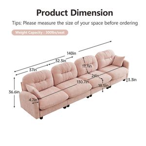 Divano Modulare a Quattro Posti in Tessuto Chenille Premium con 2 Cuscini Decorativi, Design Trapuntato e Plissettato, Divani di Alta Qualità per Soggiorno - Product Image 4