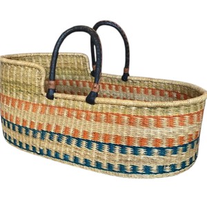 Panier à langer en jonc de mer à parois hautes avec poignée en cuir rayé orange, vendu en gros, assorti à un panier à langer pour enfant en rotin - Product Image 2
