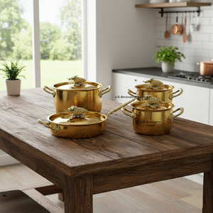 ชุดเครื่องครัวสเตนเลสสตีล 4 ชิ้น ลายตอก หรูหราสไตล์ยุโรป สีทอง เป็นมิตรกับสิ่งแวดล้อม ใช้ได้กับเตาแก๊สและเตาแม่เหล็กไฟฟ้า คุณภาพพรีเมียม - Product Image 1