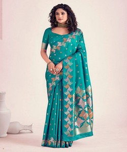 Teal Silk Saree With Butterfly Print Traditional Indian Wedding Wear For Women <b>Floor</b>-Length Regular Fit - Product Image 1