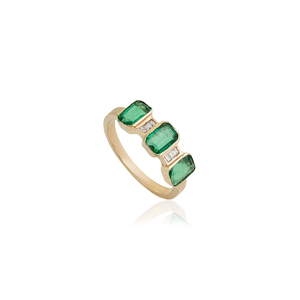 Productos de Moda, Anillo de Tres Piedras Apilables de Oro Amarillo Real de 14K con Esmeralda Natural y Diamantes, Precio de Fábrica al por Mayor - Product Image 3
