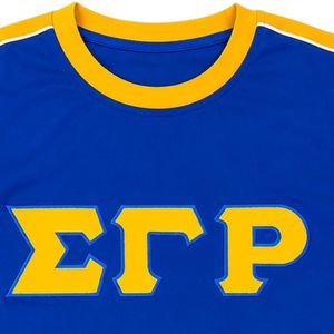 Camisa Premium Azul Rey y Dorado Sigma Gamma Rho de Manga Corta con Cuello Redondo, Gráfico de Letras Griegas y Ribete en Contraste, Estilo Casual de Fraternidad - Product Image 5