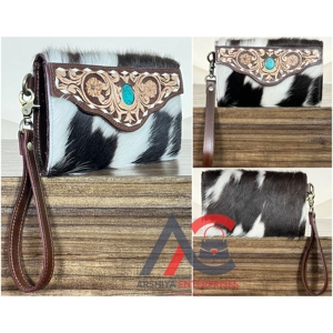 Handmade Tooled Cowhide Leather Wristlet Clutch Western Floral Wallet Turquoise Concho Hair On Hide Purse Trending Designer <b>Bag</b> - Product Image 1