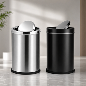 Cubo de Basura Redondo con Tapa Abatible de Acero Inoxidable, Cubo de Basura Moderno para Cocina, Baño, Oficina, Color Plateado y Negro - Product Image 5