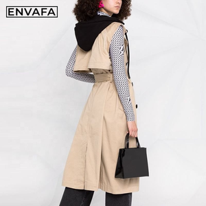 ENVAFA <b>Women</b> Hooded Sleeveless Double Breasted Trench <b>Coat</b> Long <b>Belted</b> Casual Windproof Waterproof Eco-Friendly Solid Color 100% - Product Image 2