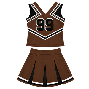 Ensemble d'uniforme de cheerleading marron, noir et blanc, avec crop top sans manches à col en V et jupe plissée, pour spectacle de danse et équipe de cheerleading - Product Image 1
