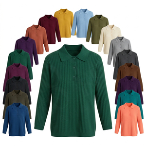 240 GSM Lightweight <b>Ribbed</b> Knit <b>Polo</b> Sweater for Women Long Sleeve Button Collar Casual Winter Soft Stretch Pullover <b>Polo</b> Shirt - Product Image 1