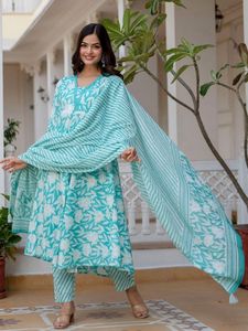 Women's Floral Digital Print Quick Dry Blue Cotton Kurta Set <b>Trousers</b> Regular Fit Knee-Length Traditional <b>Indian</b> Pakistani Wear - Product Image 3