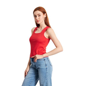Camiseta sin mangas de punto roja para mujer, cuello cuadrado, estilo casual, color liso, longitud regular - Product Image 5