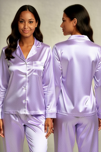 Ensemble de pyjama en satin bleu à pois pour femmes, manches courtes, col rabattu, fermeture à boutons, vêtements de nuit d'été - Product Image 3
