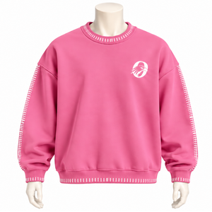 Mens Pink <b>Stitched</b> Border Distressed Crewneck Sweatshirt <b>Oversized</b> Long Sleeve Pullover Casual Streetwear Fashion Training Top - Product Image 1
