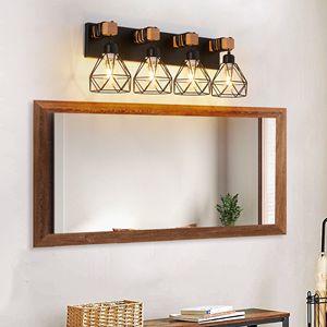 Luminaire de salle de bain moderne à 4 lumières de style géométrique avec accents en métal noir et en bois, lampe de miroir de salle de bain de 24 pouces - Product Image 1