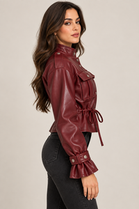 Women’s Burgundy Leather Jacket Cropped Trendy Style Cinched Waist Snap Front - Product Image 4