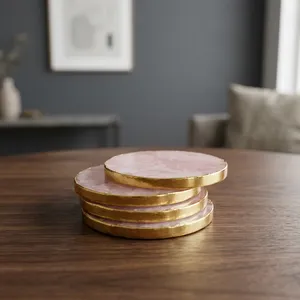 Premium Rose Quartz Round <b>Coaster</b> <b>Set</b> Natural Crystal Slice Design Gold Finish Luxury Home Decor Coffee Table and Drink Use - Product Image 3