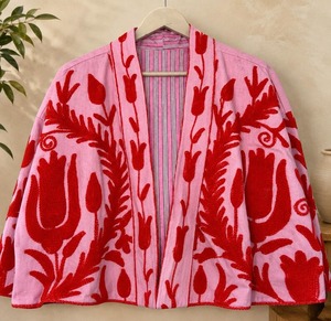 Bata Larga de Algodón 100% Hecha a Mano con Bordado Floral Azul, Reversible, Cuello en V, Kimono con Cinturón para Mujer, Ropa de Estar por Casa - Product Image 3