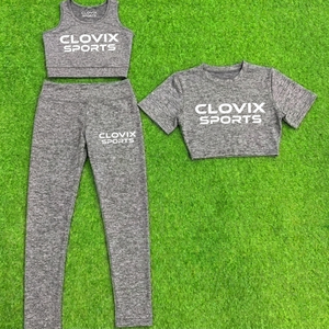 Ensemble de yoga personnalisé avec logo pour femmes, 3 pièces, vêtements de sport pour la salle de sport, haut court à manches courtes, soutien-gorge de sport, pantalon de fitness sans couture à taille haute, OEM - Product Image 1