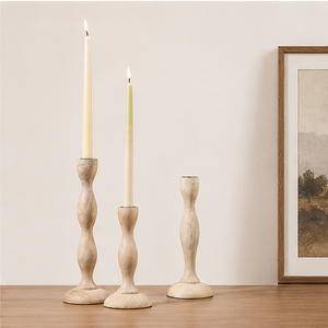 Handcrafted Wavy Wooden <b>Taper</b> <b>Candle</b> Holder Set Of 3 Rustic Distressed Mango Wood Candlestick Holders For Modern Farmhouse Decor - Product Image 1