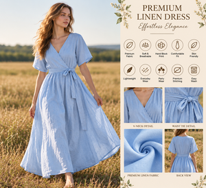 Elegante Vestido Maxi Casual de Algodón y Lino, Cuello en V, Manga Corta, Cintura Ajustable con Lazo, Estilo Fluido y Escalonado, para Playa o Resort, Talla 6XL - Product Image 6
